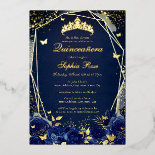 Bloem Vlinder Tiara Navy Quinceanera Folie Uitnodiging