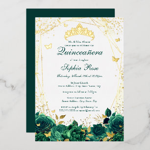 Bloem Vlinder Tiara Smaragd Quinceanera Folie Uitnodiging