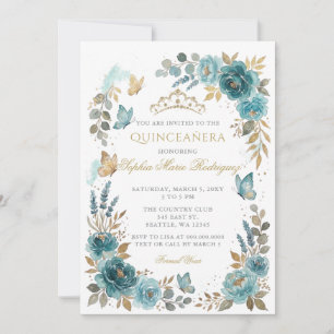 Bloem Vlinder Turquoise Gouden Tiara Quinceañera Kaart