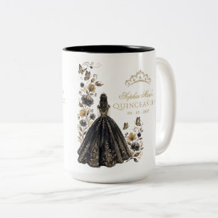Bloem Vlinder Zwart Gouden Tiara Quinceañera Tweekleurige Koffiemok