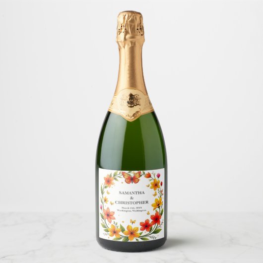 Bloem Vlinders Krans Bruiloft Aangepaste Tekst Sparkling Wijnetiket (Voorkant)