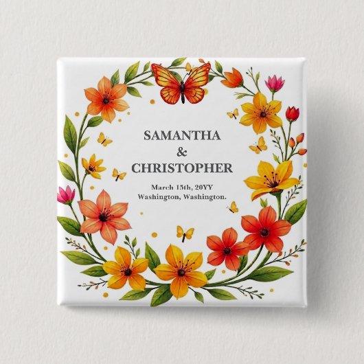 Bloem Vlinders Krans Bruiloft Aangepaste Tekst Vierkante Button 5,1 Cm (Voorkant)