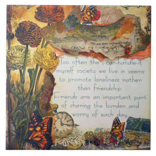 Bloem Vlinders Mixed Media Collage Vriendschap Tegeltje (Voorkant)