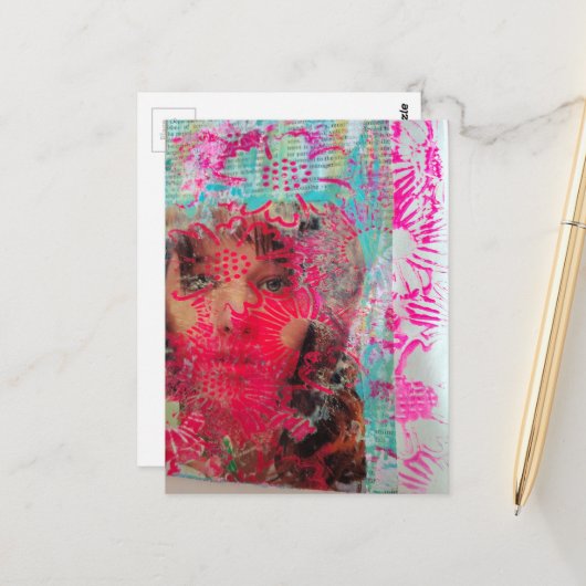 Bloem Vrouw Abstracte Mixed Media Collage Briefkaart (Voorkant / Achterkant in situ)