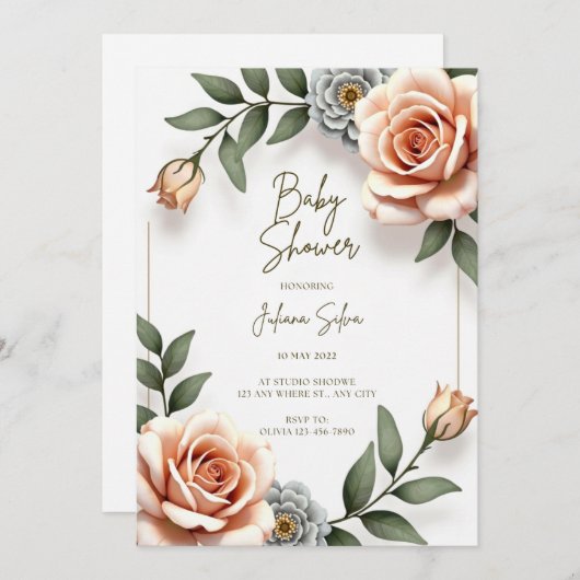 Bloem Waterverf Baby Boy Douche Uitnodiging (Voorkant / Achterkant)