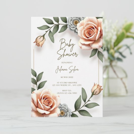 Bloem Waterverf Baby Boy Douche Uitnodiging (Staand voorkant)