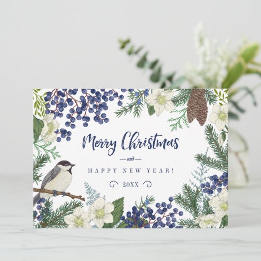 Bloem & Wintervogel | Foto Kerstkaart (Staand voorkant)