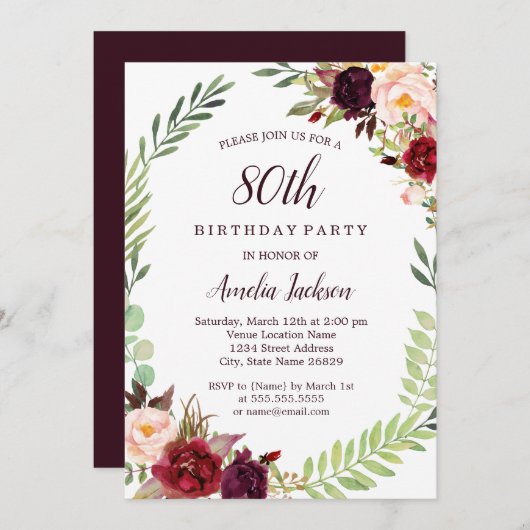 Bloem Wreath Burgundy 80th Birthday Kaart (Voorkant / Achterkant)