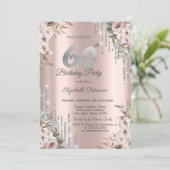 Bloem Zilver Glitter Druppels Roze Goud 60ste Kaart (Staand voorkant)