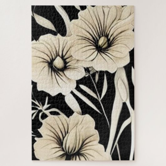 Bloem Zwart en Beige Art Legpuzzel (Verticaal)