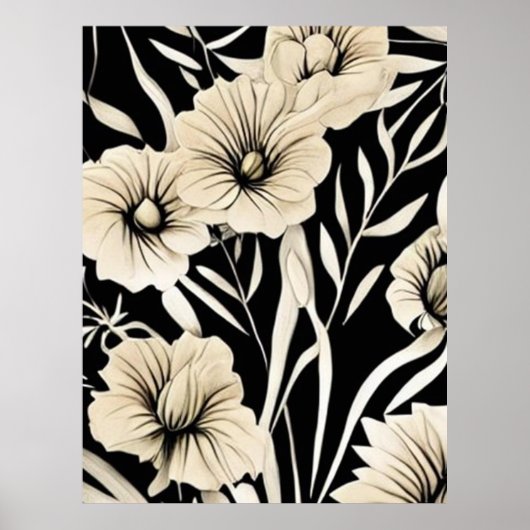  Bloem Zwart en Beige Art Poster (Voorkant)