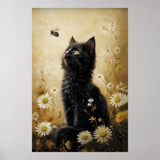 Bloem zwart kattenprint, weidekat vintage poster (Voorkant)
