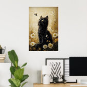 Bloem zwart kattenprint, weidekat vintage poster (Thuiskantoor)