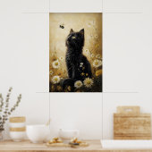 Bloem zwart kattenprint, weidekat vintage poster (Keuken)