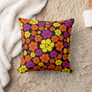 Bloem - zwart, roze, Oranje en geel Kussen
