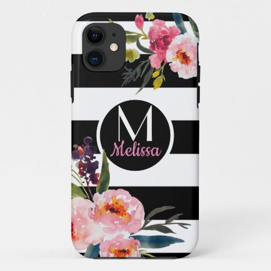 Bloem - Zwart & Witte Strepen Monogram Case-Mate iPhone Case (Achterkant)