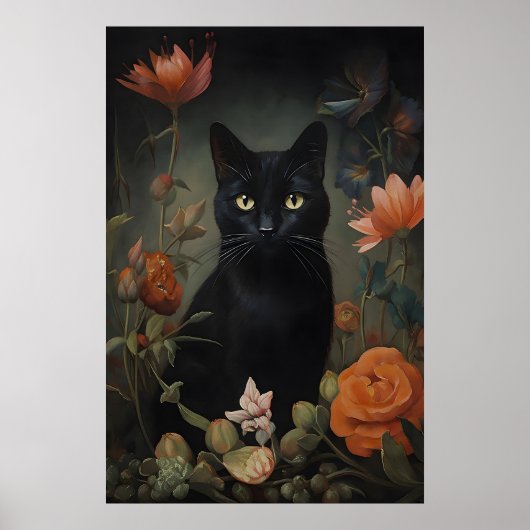 Bloem Zwarte Kat Print, Bloemliefhebber Kat Poster (Voorkant)