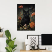 Bloem Zwarte Kat Print, Bloemliefhebber Kat Poster (Thuiskantoor)