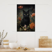 Bloem Zwarte Kat Print, Bloemliefhebber Kat Poster (Keuken)