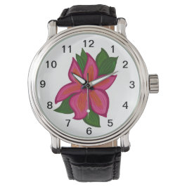 Bloem Zwarte  lederen horloge