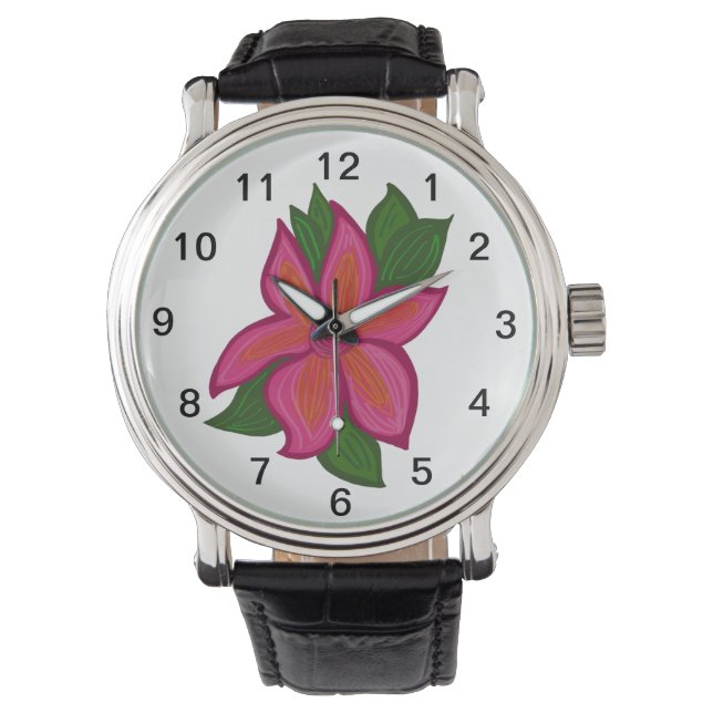 Bloem Zwarte  lederen horloge (Voorkant)