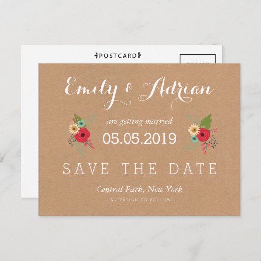 Bloemaccenten Kraft Save the Date Briefkaarten (Voorkant / Achterkant)