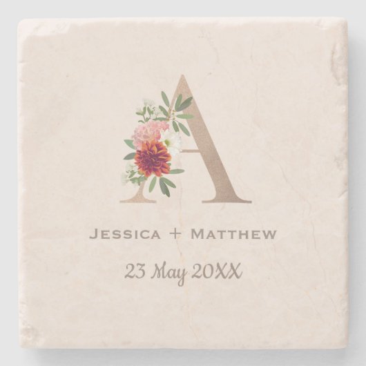 Bloemalfabet Bruiloft Monogram letter A Stenen Onderzetter (Voorkant)