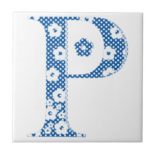 bloemalfabet P (blauw en stip) Tegeltje