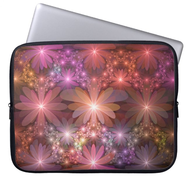 Bloembed van kleurrijke glanzende abstracte fracta laptop sleeve (Voorkant)