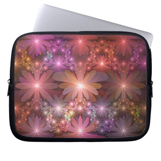 Bloembed van kleurrijke glanzende abstracte fracta laptop sleeve (Voorkant)