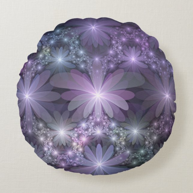 Bloembed van trendy glanzende abstracte fractal ku rond kussen (Voorkant)