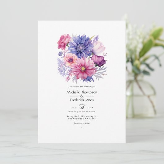 bloemblaadje roze, korenbloem blauw & Mauve bloeme Kaart (Staand voorkant)