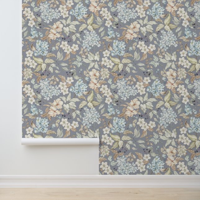  bloemblaadjes bessen takken koel grijs behang (Applicatie)