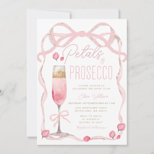 Bloemblaadjes en Prosecco Pink Bow Vrijgezellenfee Kaart (Voorkant)