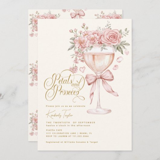 Bloemblaadjes en Prosecco Roze Tuin Vrijgezellenfe Kaart (Voorkant / Achterkant)