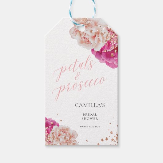 Bloemblaadjes en Prosecco Script Glitterende Roze  Cadeaulabel (Voorkant)
