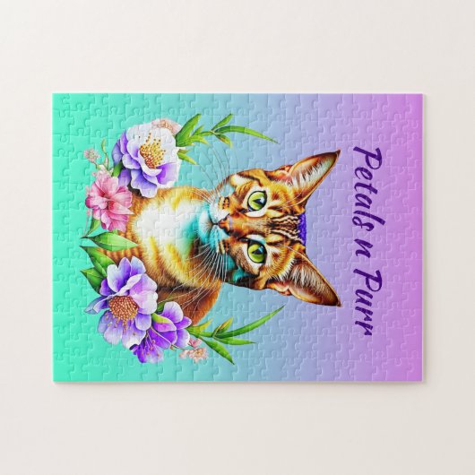 bloemblaadjes en Spint Schattigee kat en  bloemen Legpuzzel (Horizontaal)