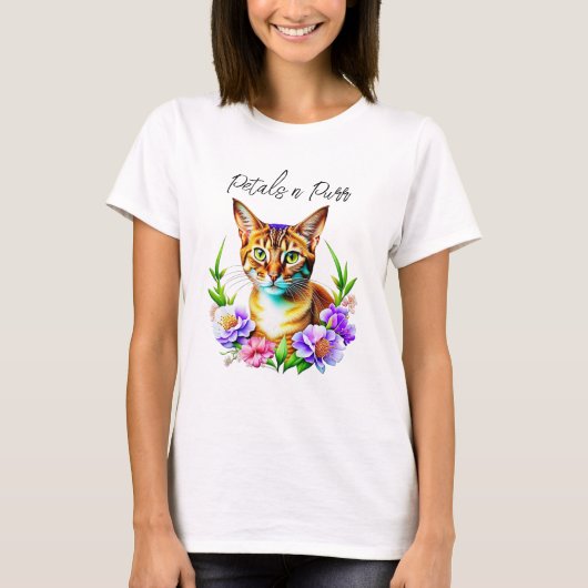 bloemblaadjes en Spint Schattigee kat en  bloemen T-shirt (Voorkant)