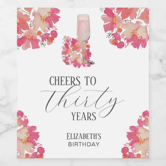 bloemblaadjes & Prosecco 30e verjaardag Bloemen Ro Wijn Etiket (Enkel label)