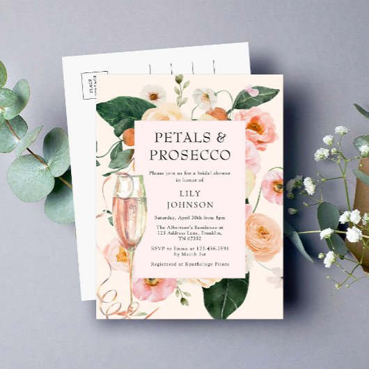 bloemblaadjes & Prosecco Bloemen Vrijgezellenfeest Uitnodiging Briefkaart