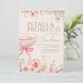 Bloemblaadjes & Prosecco Blush Roze Strik Bruidsca Kaart (Staand voorkant)
