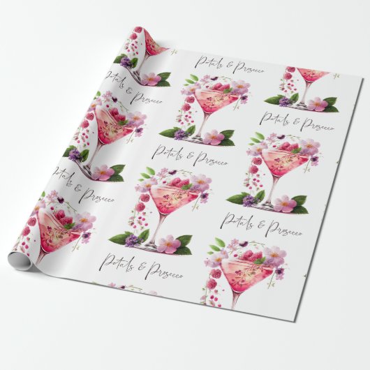 Bloemblaadjes & Prosecco Roze Roze Bloemige Bruilo Cadeaupapier (Uitgerold)