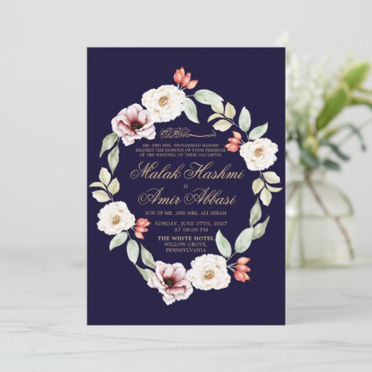 Bloemblaadjes Rand Blauw Islamitisch Moslim Bruilo Kaart (Staand voorkant)