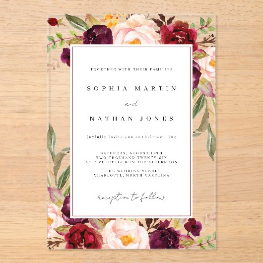 Bloemblad Bourgogne Groen Modern Clear Wedding Acryl Uitnodigingen (Voorkant)