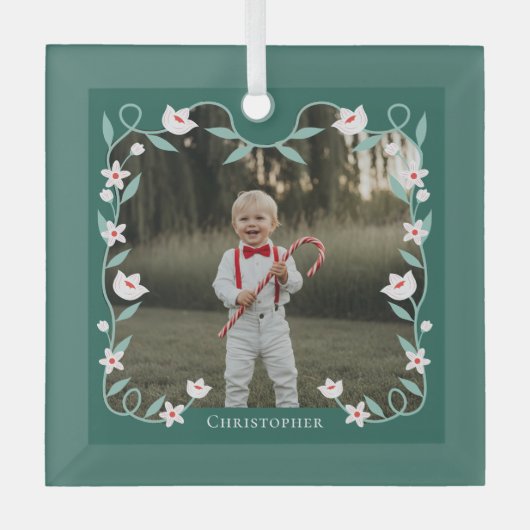 Bloemblad Elegante Groene Fotonaam Keepsake Glas Ornament (Voorkant)