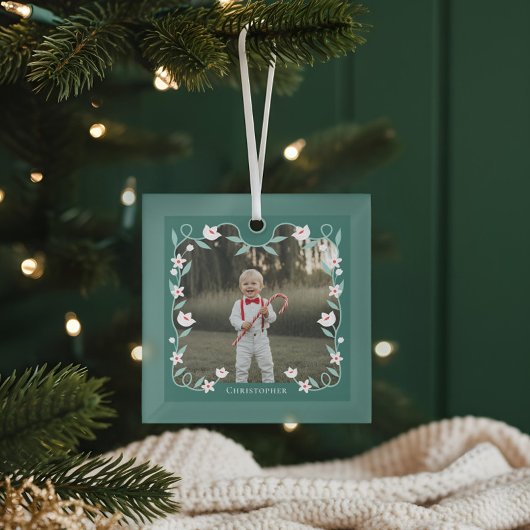 Bloemblad Elegante Groene Fotonaam Keepsake Glas Ornament