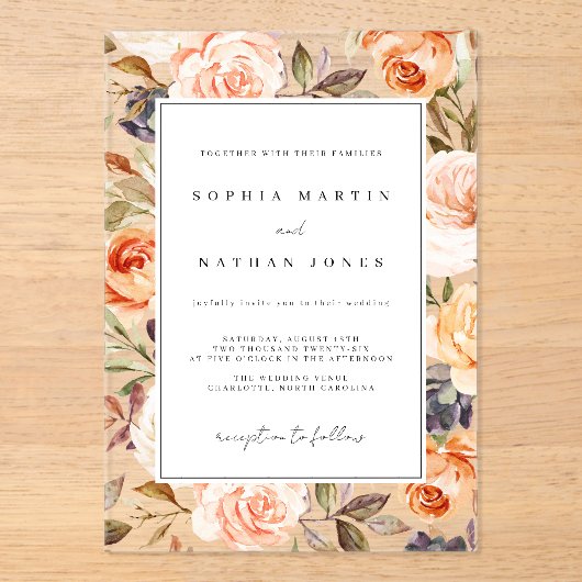 Bloemblad gebrande Sinaasappel Modern Clear Weddin Acryl Uitnodigingen (Voorkant)