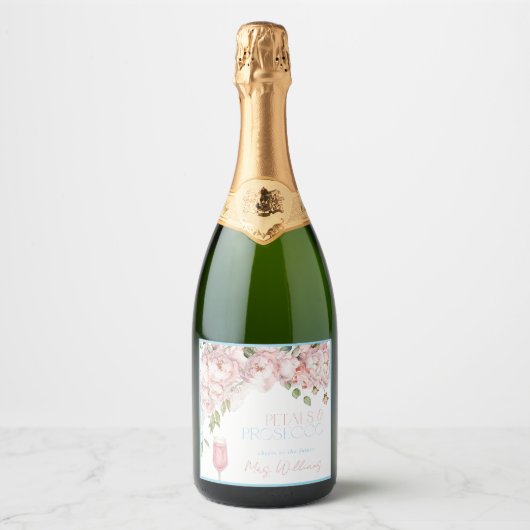 Bloembladeren en Prosecco Roze Rose Floral Vrijgez Sparkling Wijnetiket (Voorkant)