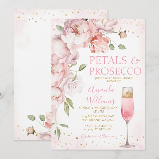 Bloembladeren en Prosecco Roze Wijn Bloemen Vrijge Kaart (Voorkant / Achterkant)