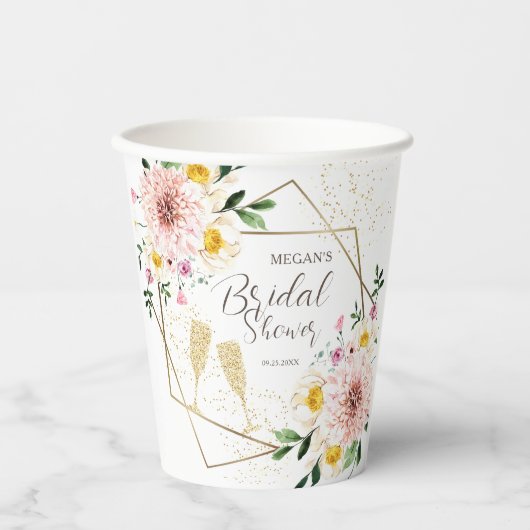 Bloembladeren & Prosecco Roze Bloemen Goud Vrijgez Papieren Bekers (Voorkant)